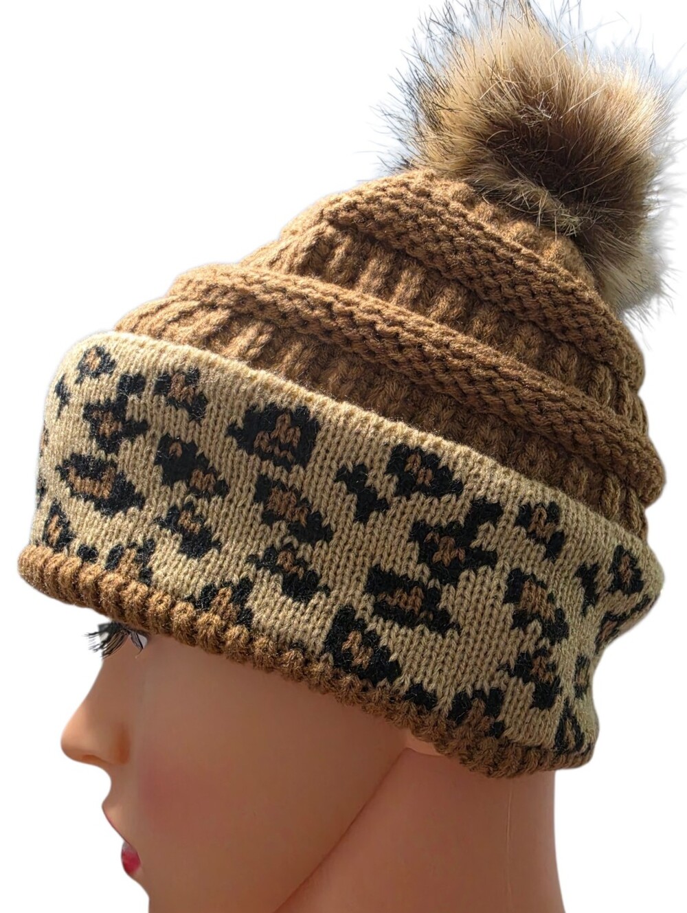 Women's Coffee Brown Animal Print Ribbed Cable-Knit Faux Fur Pom Pom Winter Hat